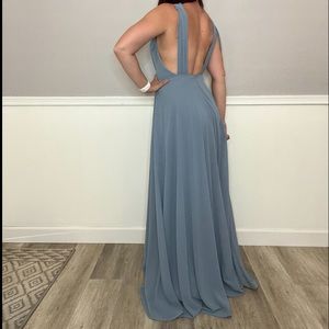 Lulus backless slate blue tie shoulder maxi dress.